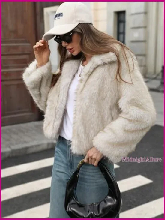 Fluffy Faux Fur Winter Coat with Lapel Collar and Pockets - Picture 6 of 7